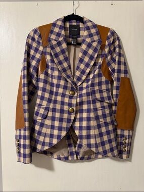 Smythe Purple and Cream Gingham Blazer with Tan Leather Accents